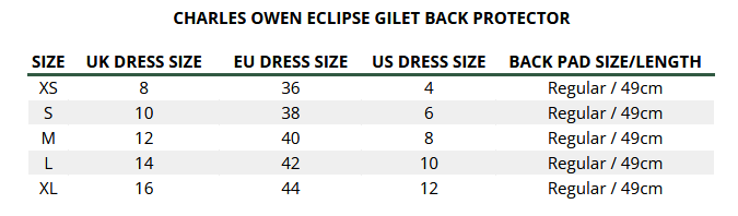 CHARLES OWEN ECLIPSE GILET BACK PROTECTOR  Größentabelle